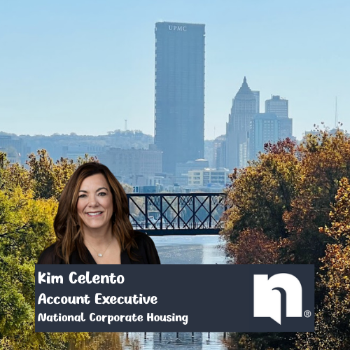 Professional headshot of Kim Celento, Account Executive at National Corporate Housing, overlaid on a scenic view of the Pittsburgh skyline featuring the UPMC building and a river bridge framed by autumn foliage.